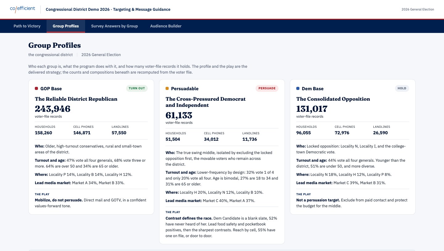 Group Profiles: three modeled groups with voter counts, who they are, and the recommended play